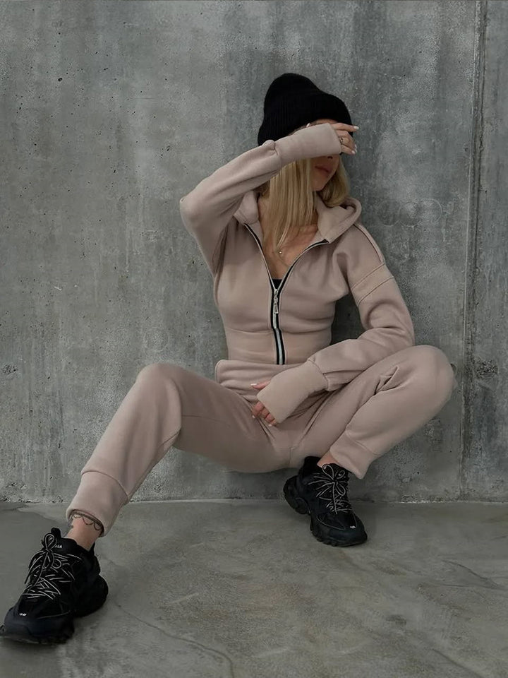 Damen Figurbetontes Kapuzen-Loungewear-Set mit tailliertem Zip-Hoodie und High-Waist Jogginghose Drune