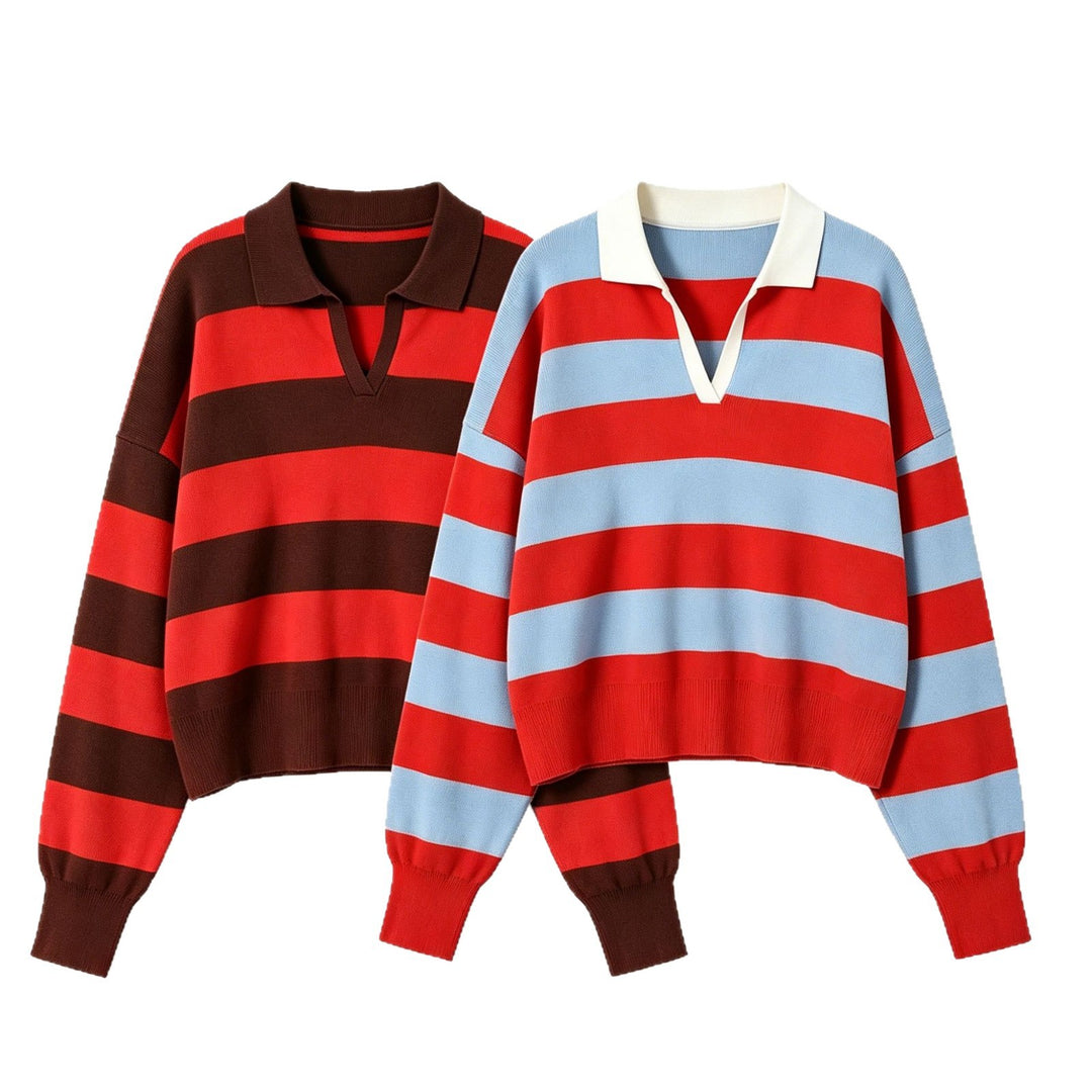Damen Cropped Oversize Rugby-Pullover mit Polokragen und tiefem V‑Ausschnitt Drune