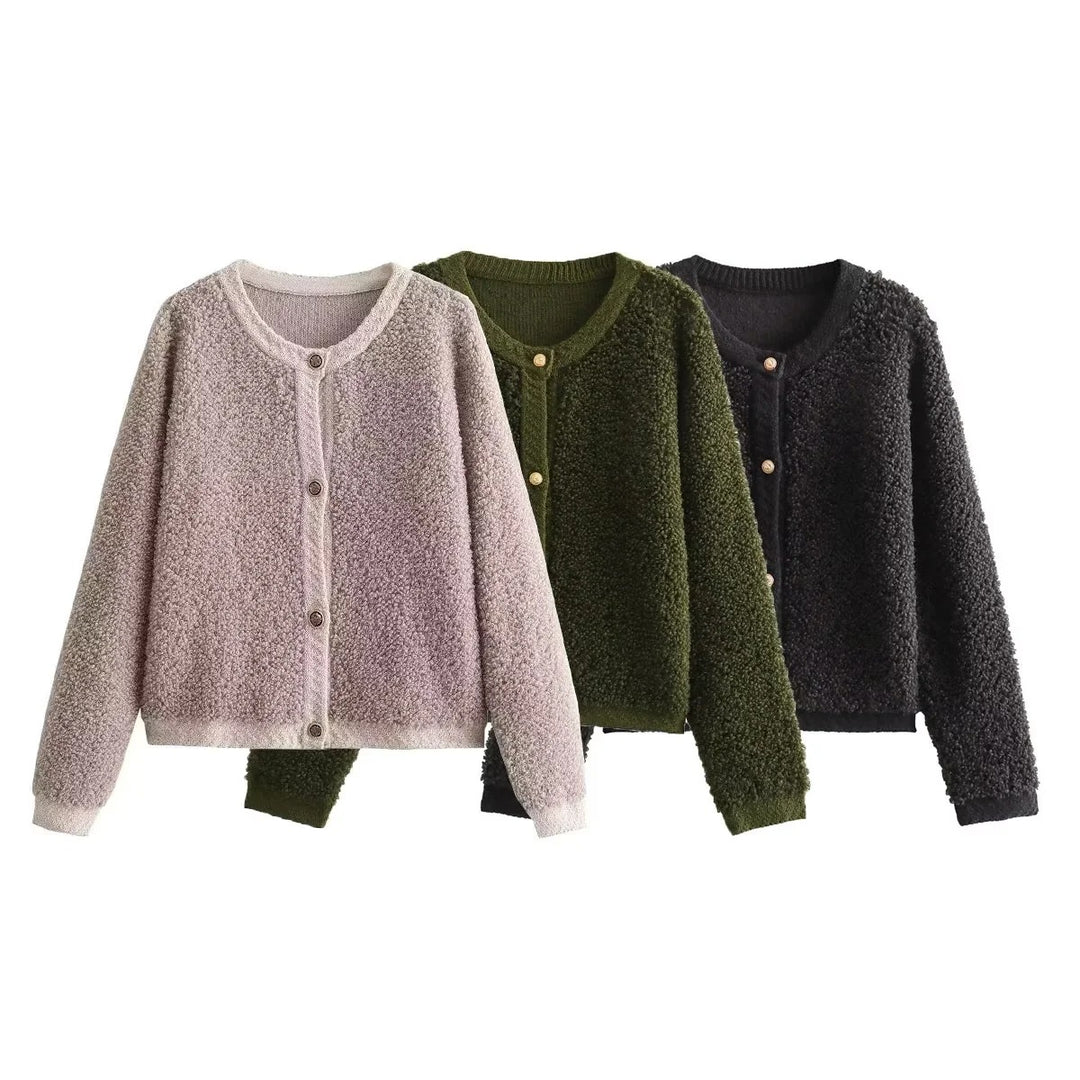 Damen Bouclé-Strickjacke mit Knopfleiste und Rundhalsausschnitt Drune