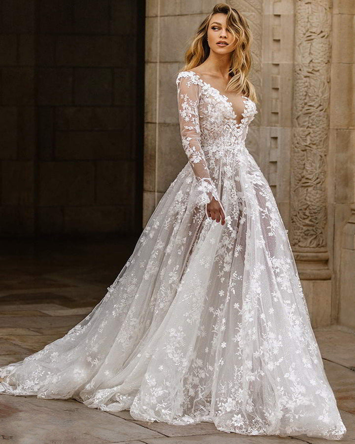 Damen Elegantes Hochzeitskleid mit floralen Spitzenapplikationen und tiefem V-Ausschnitt Drune