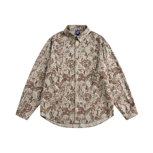 Unisex Oversized Hemdjacke mit floraler Jacquardstruktur und abgerundetem Saum Drune