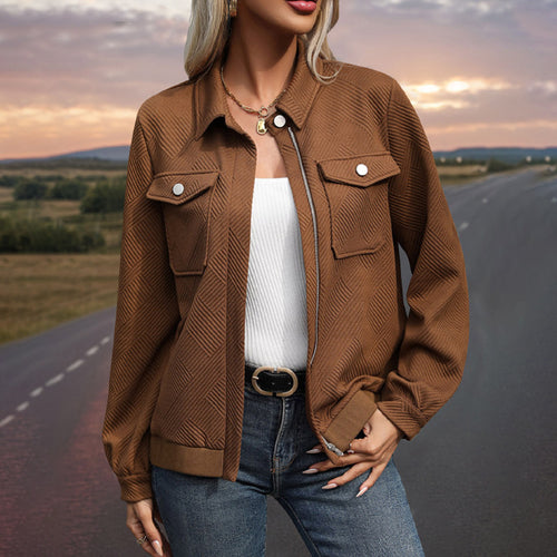 Damen Gestepptes Übergangs‑Shacket mit Klappentaschen, Reißverschluss und Strukturjacquard Drune