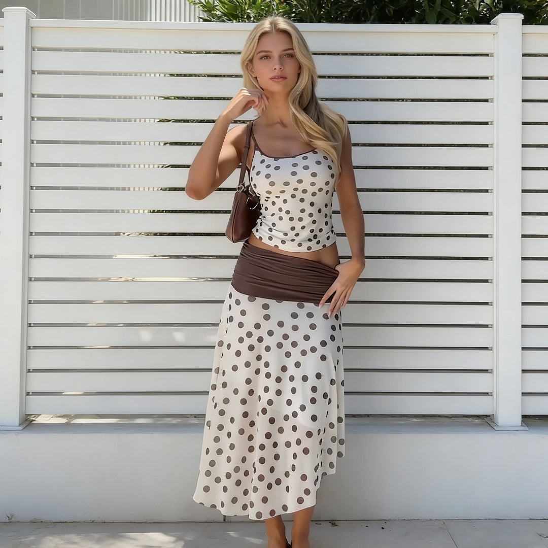 Damen Elegantes Polka-Dots Maxikleid mit figurbetontem Oberteil und schwingendem Rock Drune