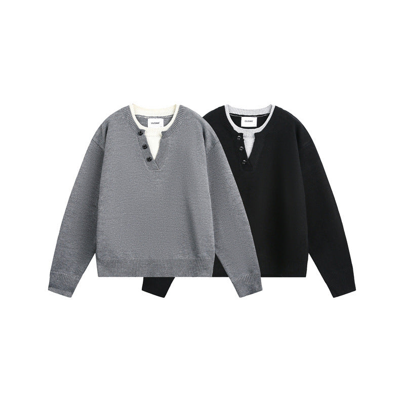 Unisex Grobgestrickter Pullover mit V‑Knopfleiste und Lagenkragen Drune