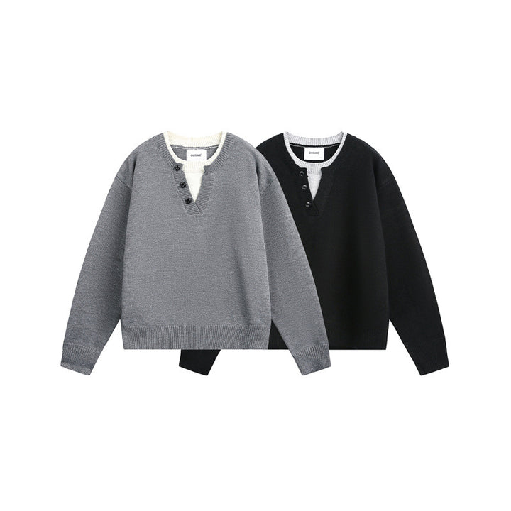 Unisex Grobgestrickter Pullover mit V‑Knopfleiste und Lagenkragen Drune