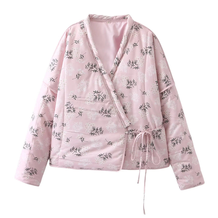 Damen nan wattierte Kimono-Übergangsjacke mit V-Ausschnitt Taille-Bindegürtel und zartem Blumenallover Drune