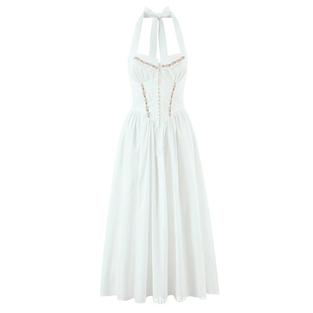 Damen Sommerkleid mit verstellbaren Trägern und floralen Applikationen Drune