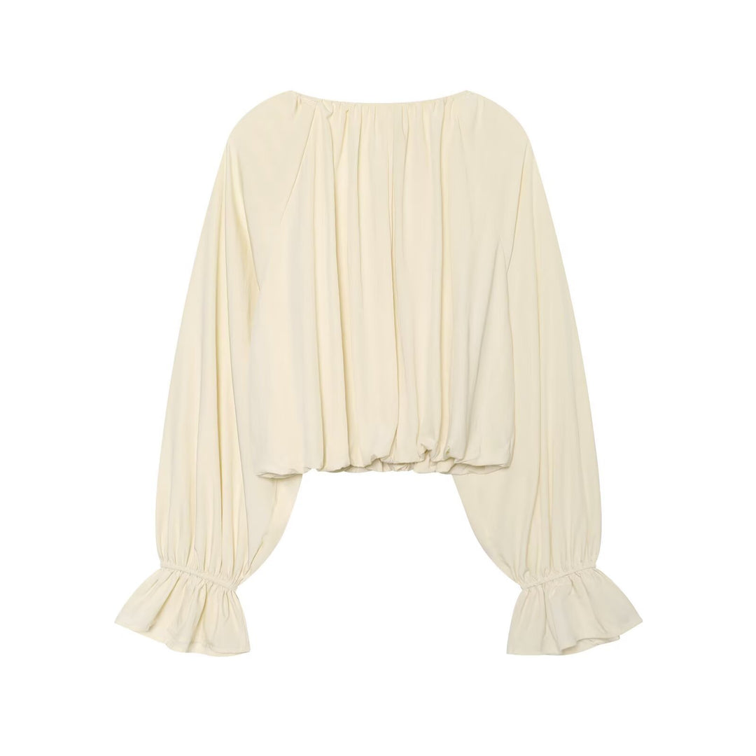 Damen Kurze Bluse im Boho‑Stil mit Tunnelzug, Volantärmeln und gerafftem Saum Drune