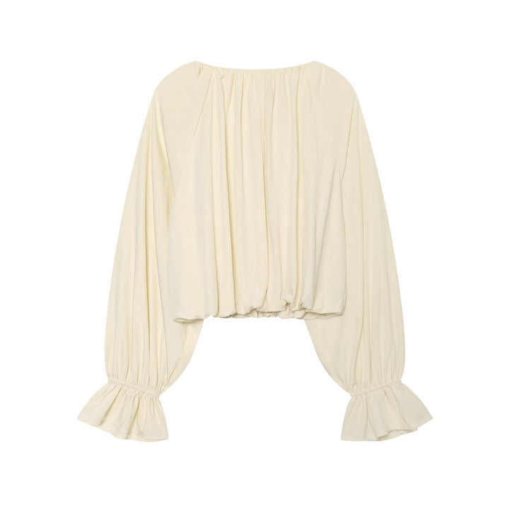 Damen Kurze Bluse im Boho‑Stil mit Tunnelzug, Volantärmeln und gerafftem Saum Drune