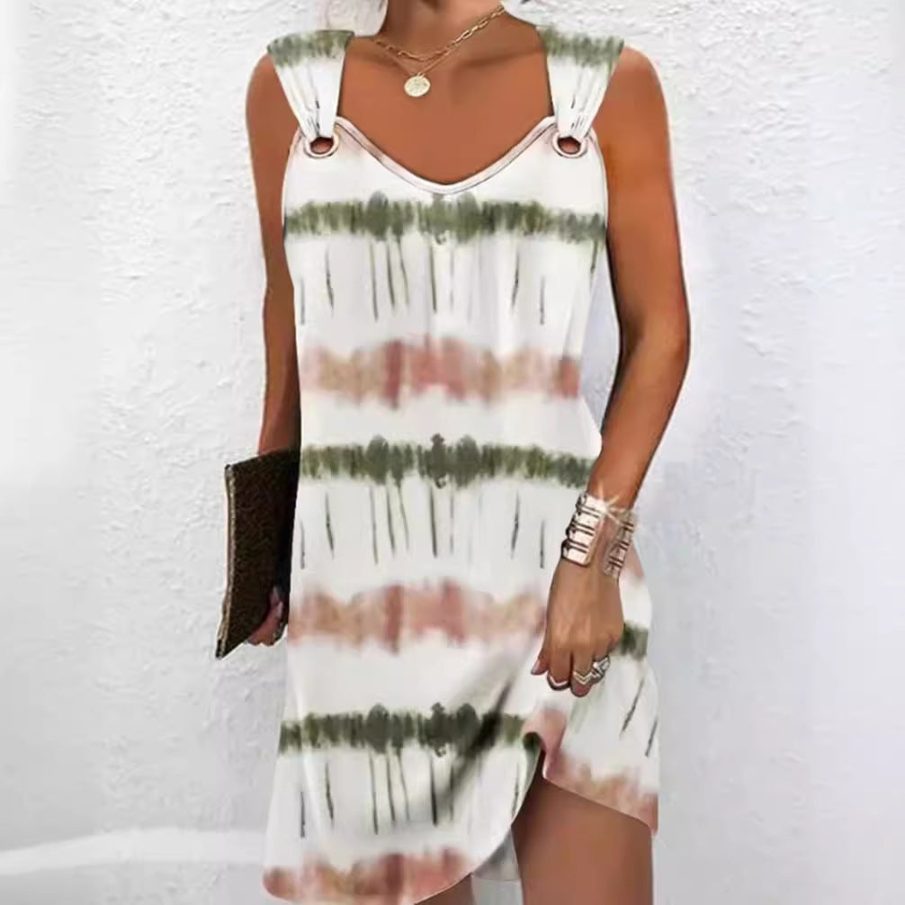 Damen nan ärmelloses V-Ausschnitt-Sommerkleid mit dekorativen Metallösen an breiten Trägern und lässiger A-Linien-Silhouette Drune