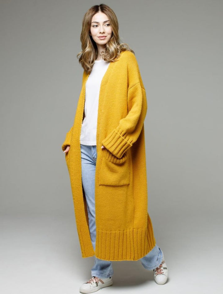 Damen bequemer langer Strickcardigan mit Taschen und breiten Ärmeln Drune
