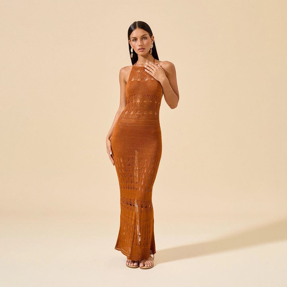 Damen elegantes Häkel-Maxikleid mit tiefem Rückenausschnitt Drune