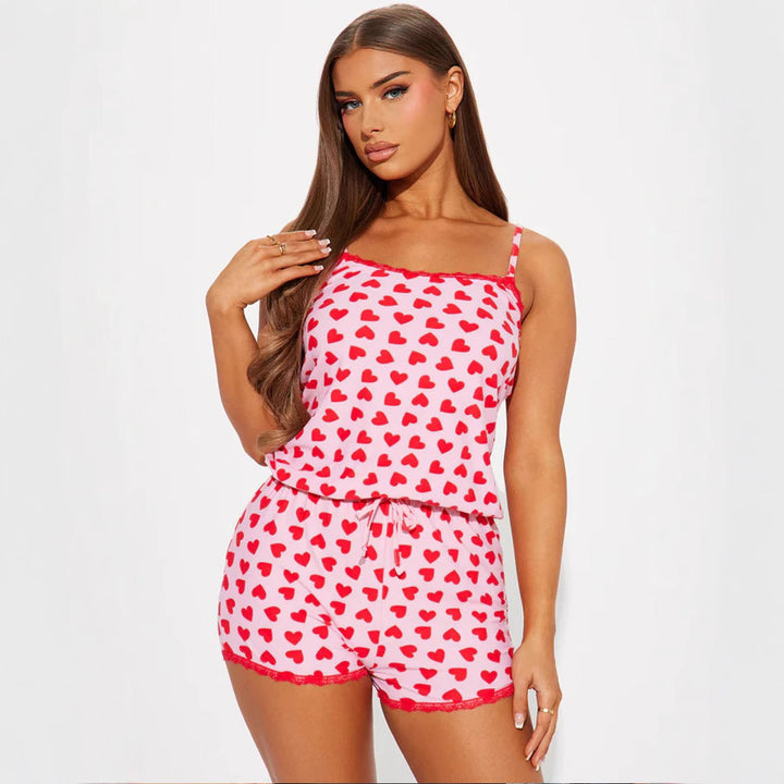 Damen gemütliches Kurzpyjama-Set mit verspielt herzförmigem Print und elastischem Taillenbund Drune