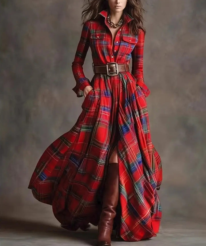 Damen nan karierte Maxikleid Hemdblusenkleid mit ausgestelltem Rock und breitem Taillengürtel Drune