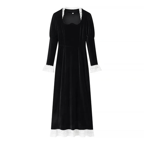 Damen nan viktorianisches Samt-Maxikleid mit Spitzenkragen, Puffärmeln und taillierter Empirenaht Drune