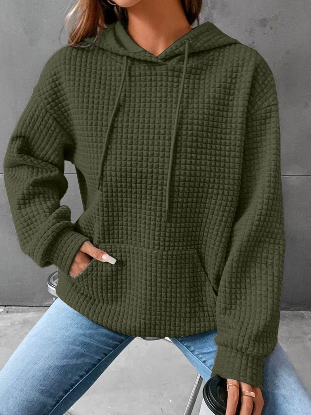 Damen Waffelstruktur Kapuzenpullover mit Kängurutasche und lässigem Schnitt Drune