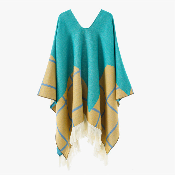 Damen Ornamentaler Jacquard‑Poncho mit V‑Ausschnitt und Fransensaum Drune