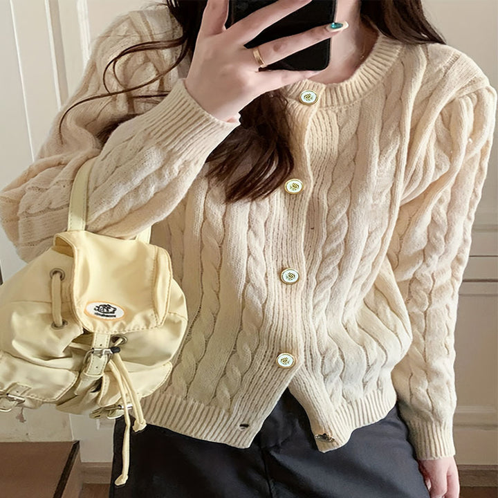 Damen Grobstrick Cardigan mit eleganten Knopfdetails und langem Arm Drune