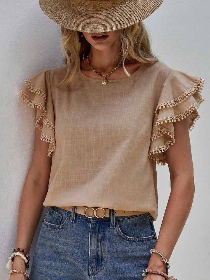 Damen Bluse mit Volantärmeln und Pompon-Spitzenbesatz Drune