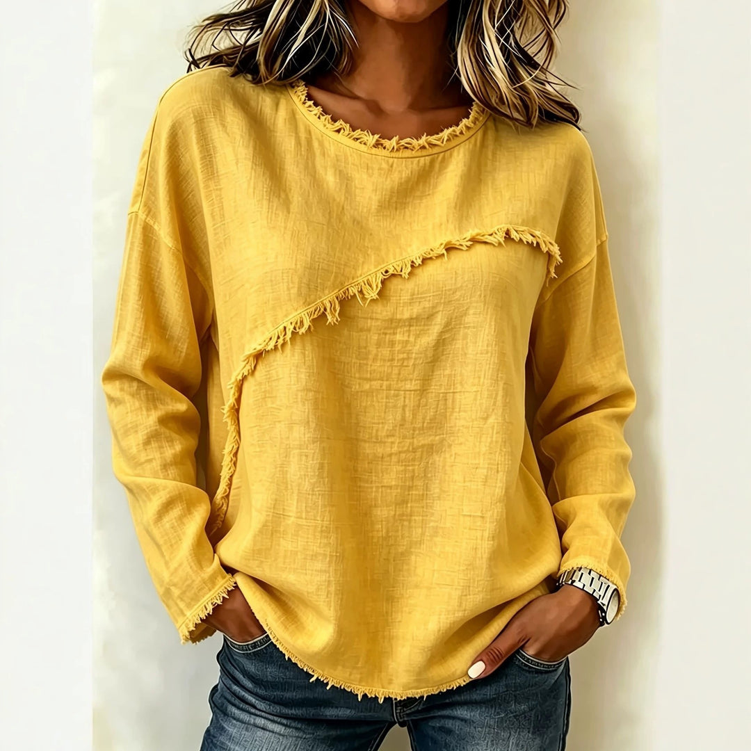 Damen Legeres Longsleeve mit diagonaler Fransenapplikation und ausgefranstem Rundhals Drune