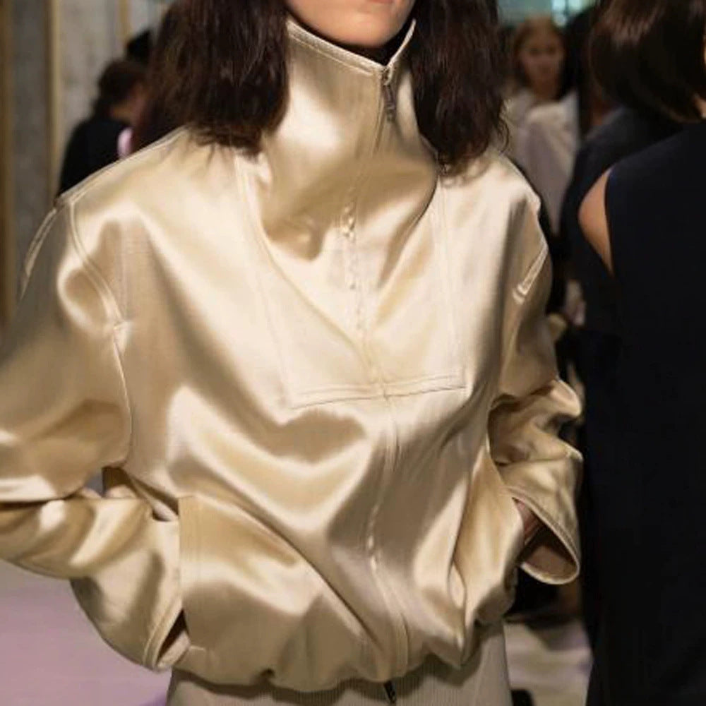 Damen Oversized Satin-Bomberjacke mit hohem Stehkragen, Halbreißverschluss und Gummizugsaum Drune