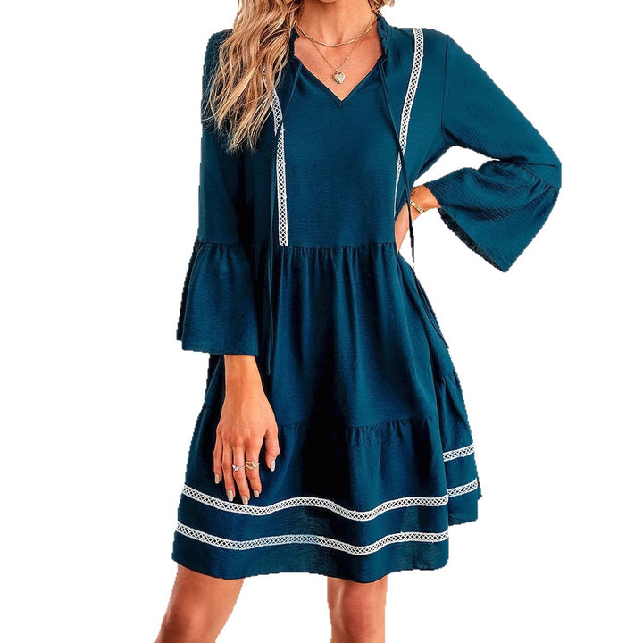 Damen lässiges Midikleid mit eleganten Rüschendetails und V-Ausschnitt Drune