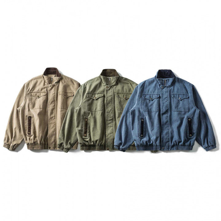 Herren Kastenförmige Canvas-Blousonjacke mit Cordbesatz, Stehkragen und elastischem Saum Drune
