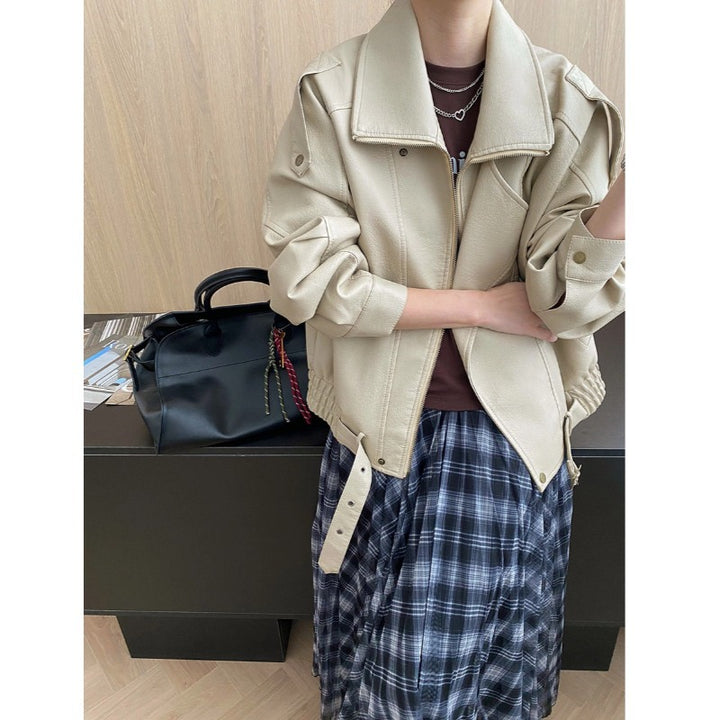 Damen lässige Kunstlederjacke im modernen Oversized-Stil mit dekorativen Knopfdetails Drune