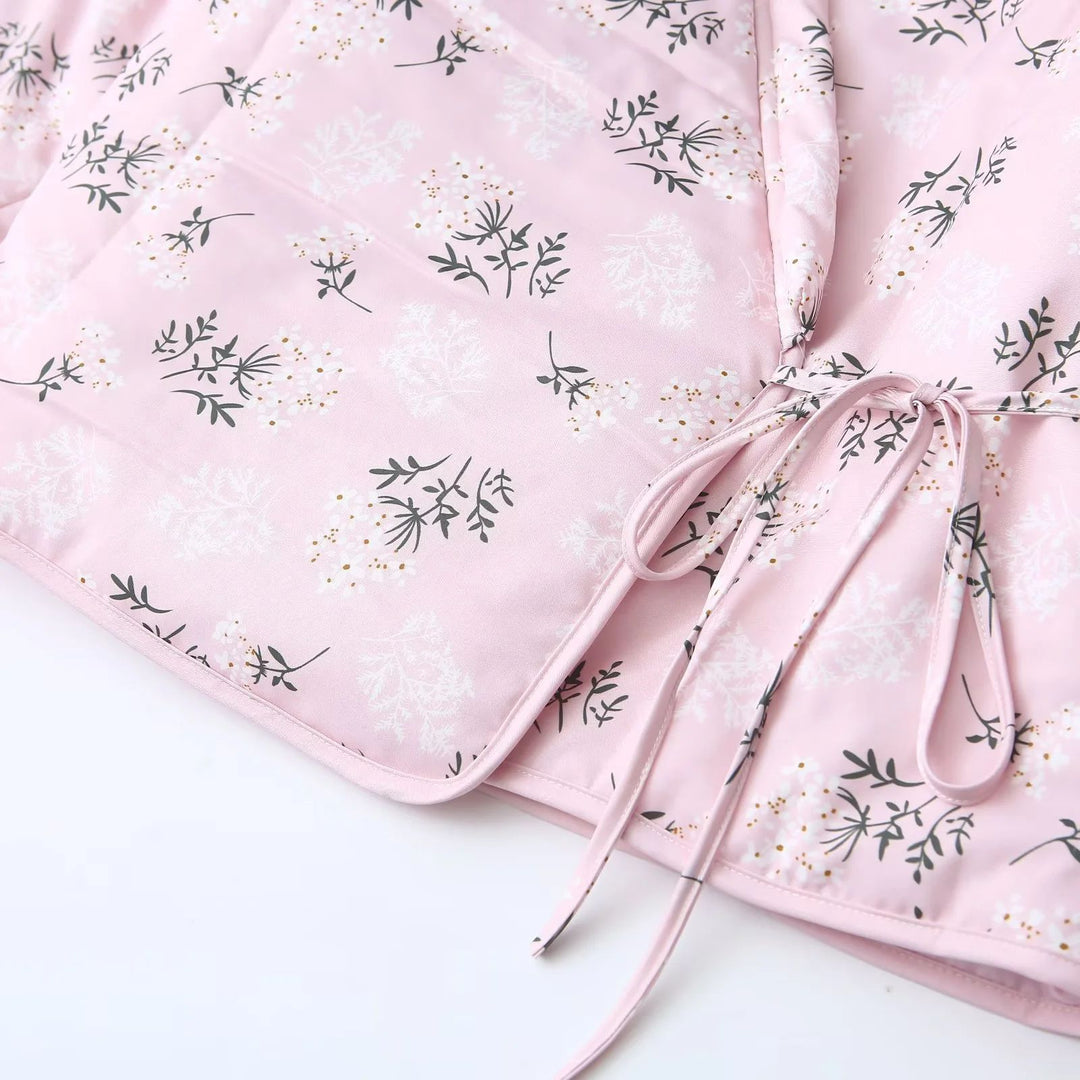 Damen nan wattierte Kimono-Übergangsjacke mit V-Ausschnitt Taille-Bindegürtel und zartem Blumenallover Drune