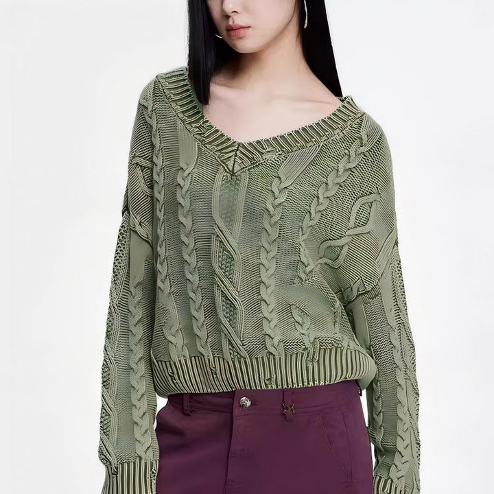 Damen Grobstrickpullover mit tiefem V-Ausschnitt und Zopfmuster Drune