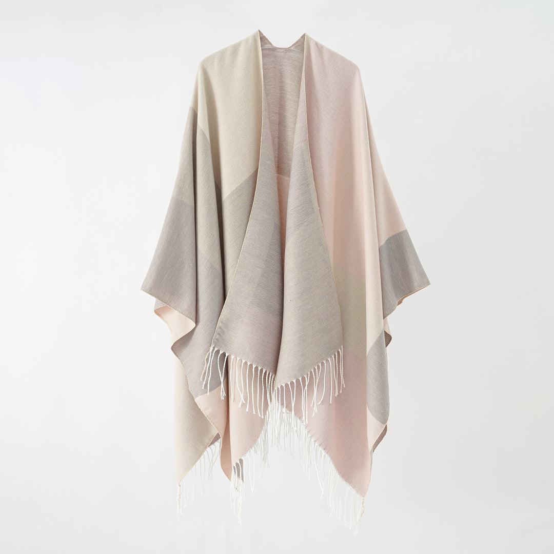 Damen Großer Wolloptik-Poncho mit geometrischem Blockmuster und Fransensaum Drune