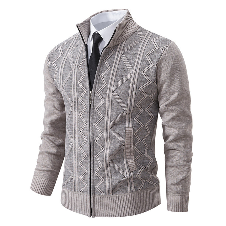 Herren Strukturiertes Feinstrick-Zipcardigan mit Stehkragen und geometrischem Zopfmuster Drune
