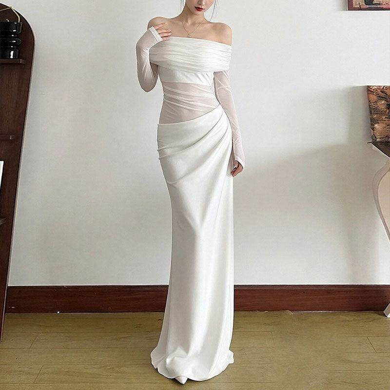 Damen Elegantes Off-Shoulder Maxikleid mit Rüschendetails und langem Arm Drune