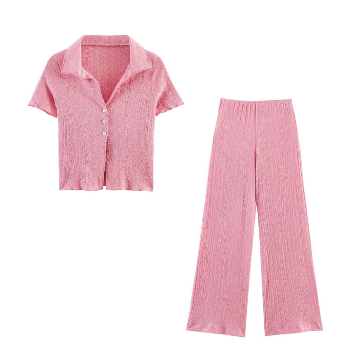 Damen Zweiteiliges Feinstrick-Set mit Kurzarm-Polokragen-Top und High‑Waist Weitbein‑Hose Drune