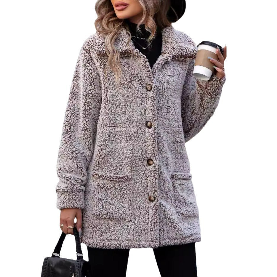 Damen Flauschige Übergangsjacke mit großen aufgesetzten Taschen und Knopfdetails Drune