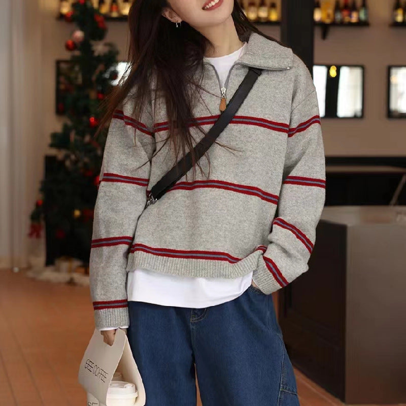 Damen lässiger Strickpullover mit modernem Reißverschluss und farblich abgesetzten Streifen Drune