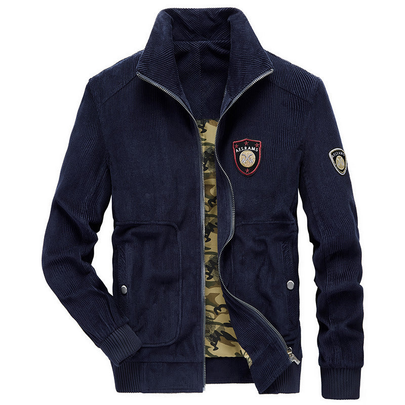 Herren Kordjacke mit Reißverschluss, Stehkragen und Camouflage-Futter Drune