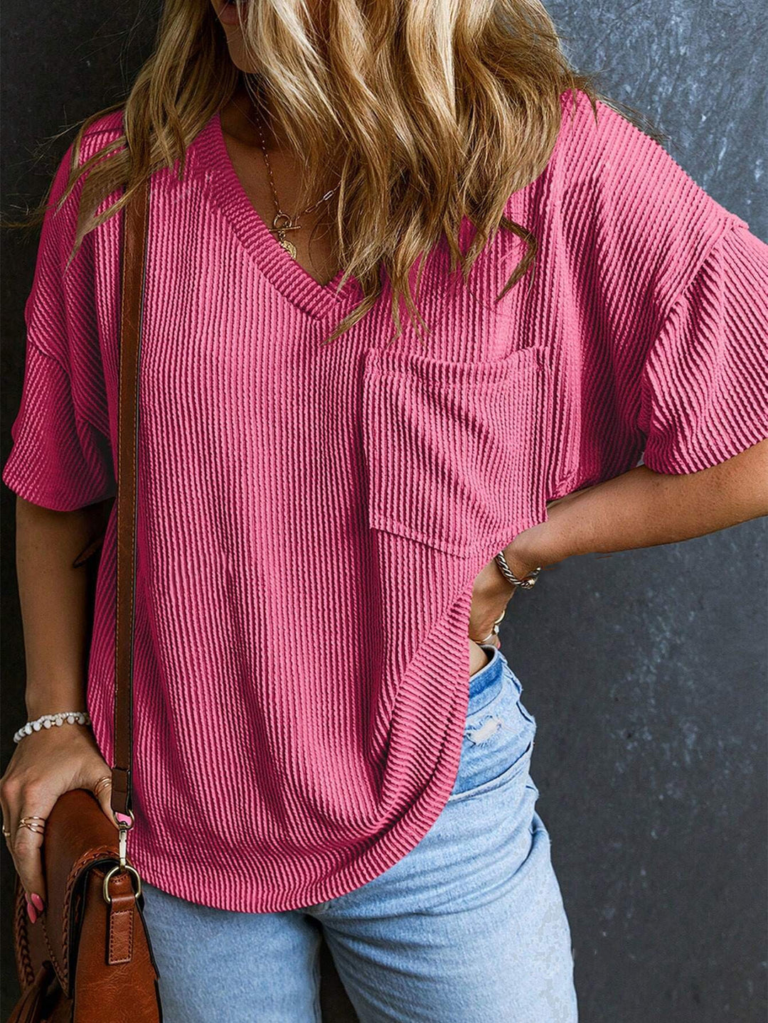 Damen Lässiges Rippstrick Oversize T-Shirt mit V-Ausschnitt und Brusttasche Drune