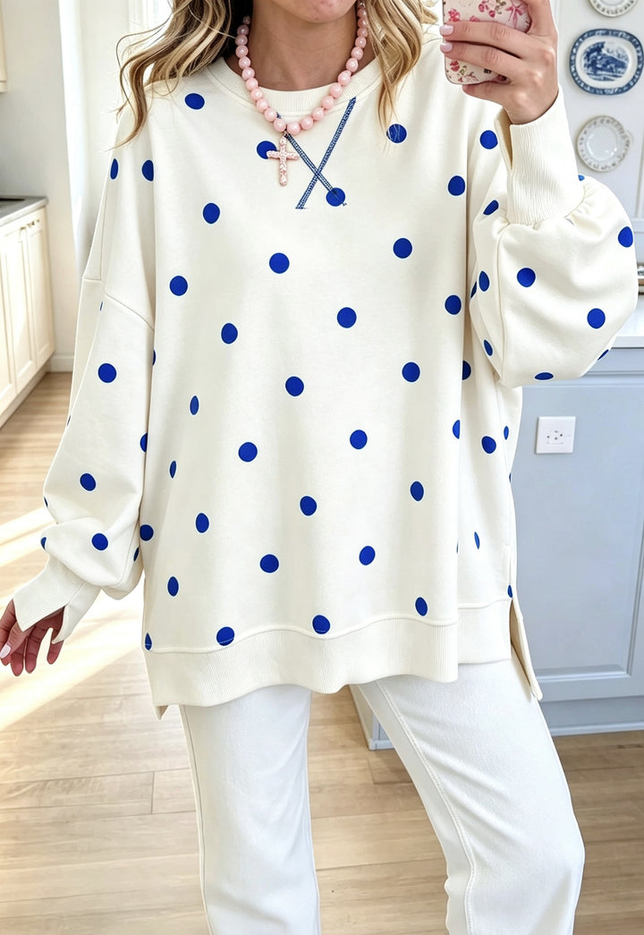 Damen Oversize-Sweatshirt mit Puffärmeln, Polka-Dots und Seitenschlitzen Drune