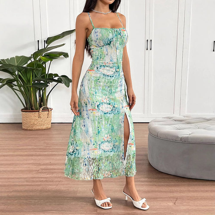 Damen Maxikleid mit zartem floralem Muster und verstellbaren Spaghettiträgern Drune