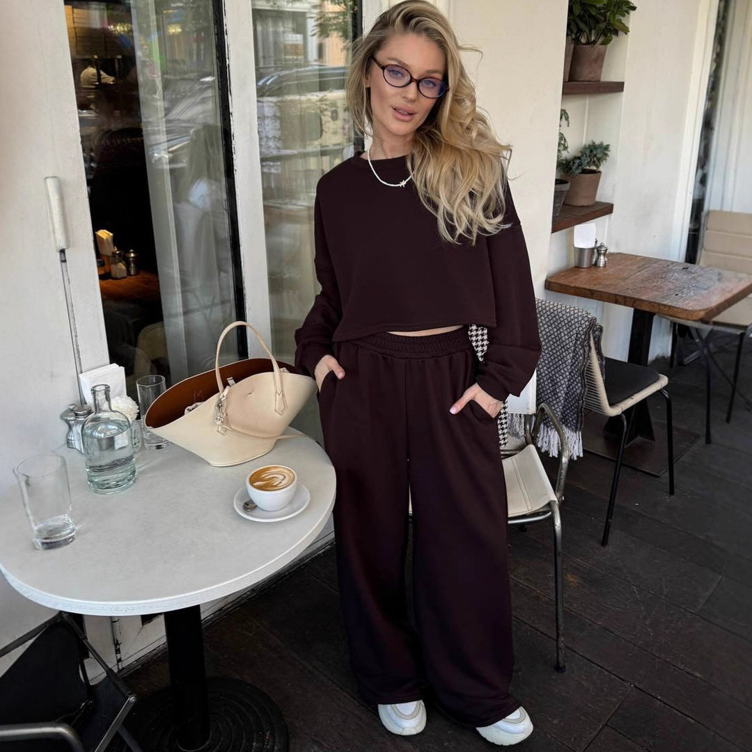 Damen Relaxed-Zweiteiler mit cropped Rundhals-Sweatshirt und extraweiter High-Waist Palazzo-Jogginghose Drune