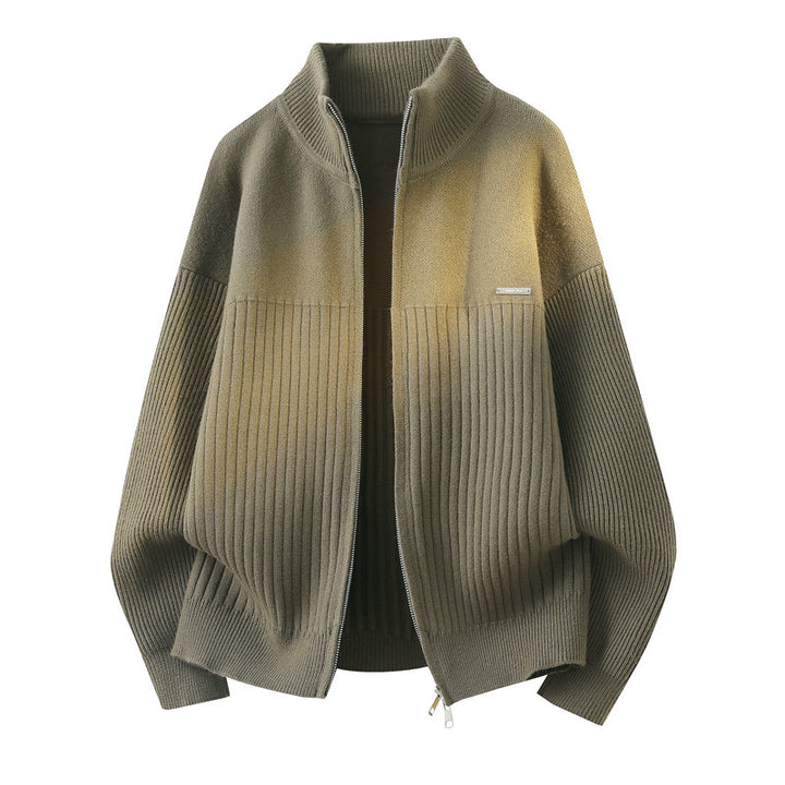 Unisex Oversize Strick-Cardigan mit Stehkragen, durchgehendem Reißverschluss & Struktur-Rippstrick Drune