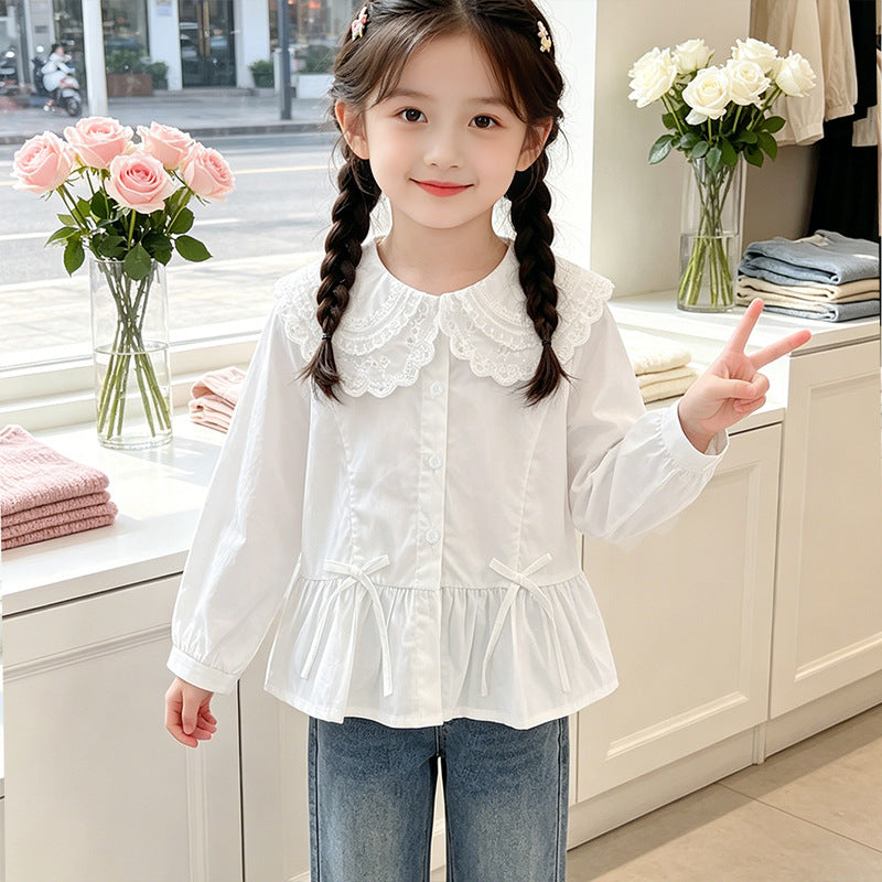 Mädchen elegante Bluse mit Spitzensaum und Rüschendetails Drune