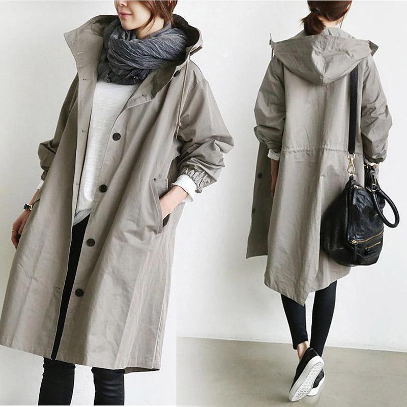 Damen nan leichter oversized Parka-Mantel mit Kapuze, Taillenzug und seitlichem Gehschlitz Drune