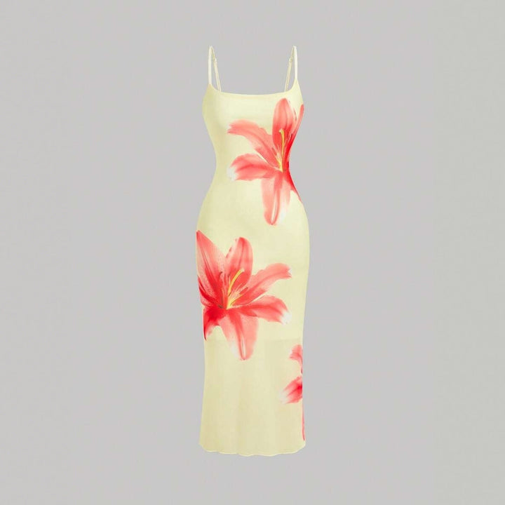 Damen sommerliches Blumenkleid mit feinen Spaghetti-Trägern und fließendem Schnitt Drune