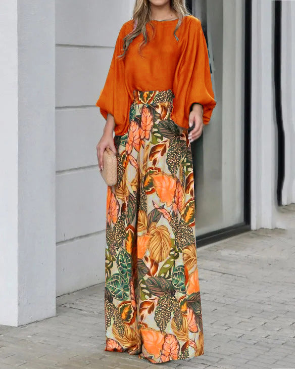 Damen Zweiteiler-Set aus Bluse mit Ballonärmeln und High-Waist Palazzo-Hose Drune