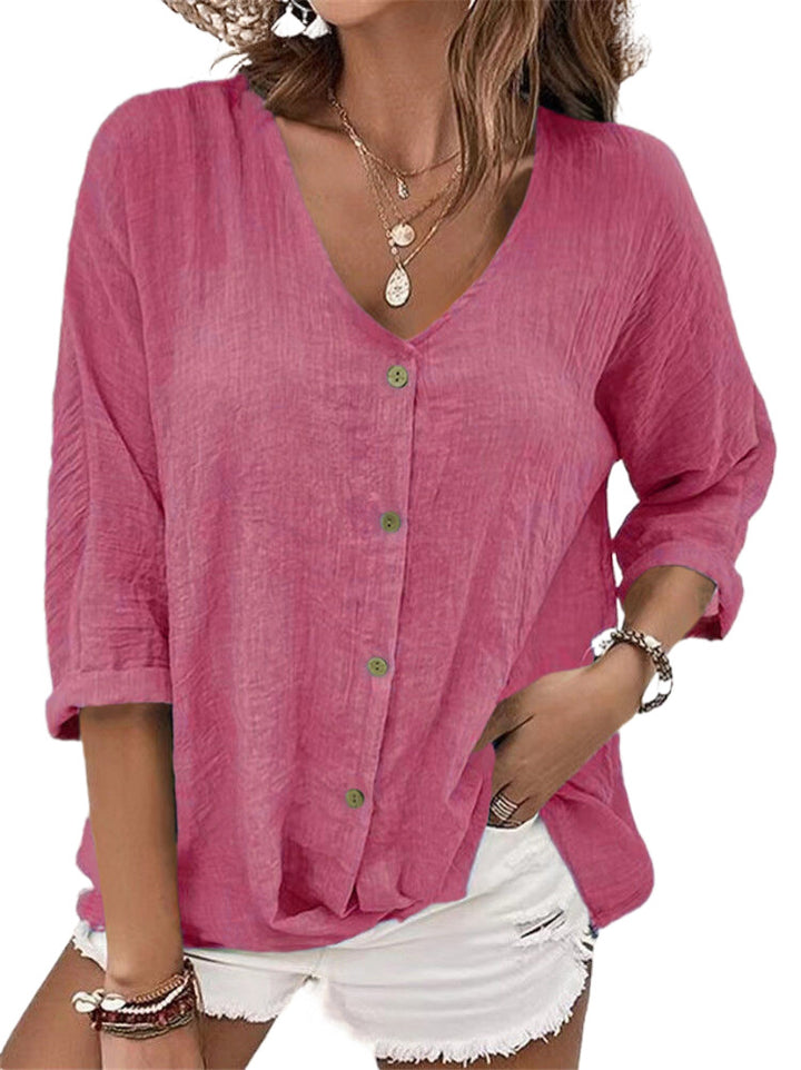 Damen lockere V-Ausschnitt Bluse im Leinenlook mit Knopfleiste und hochrollbaren Dreiviertelärmeln Drune