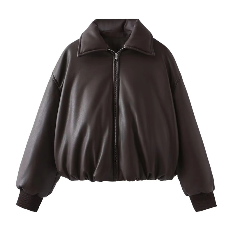 Damen nan gepolsterte Cropped Kunstleder-Bomberjacke mit Hemdkragen elastischem Saum und Rippbündchen Drune