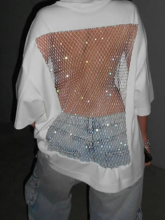Damen nan Oversize-T-Shirt mit transparentem Netzrücken, Strassbesatz und Jeans-Print Drune