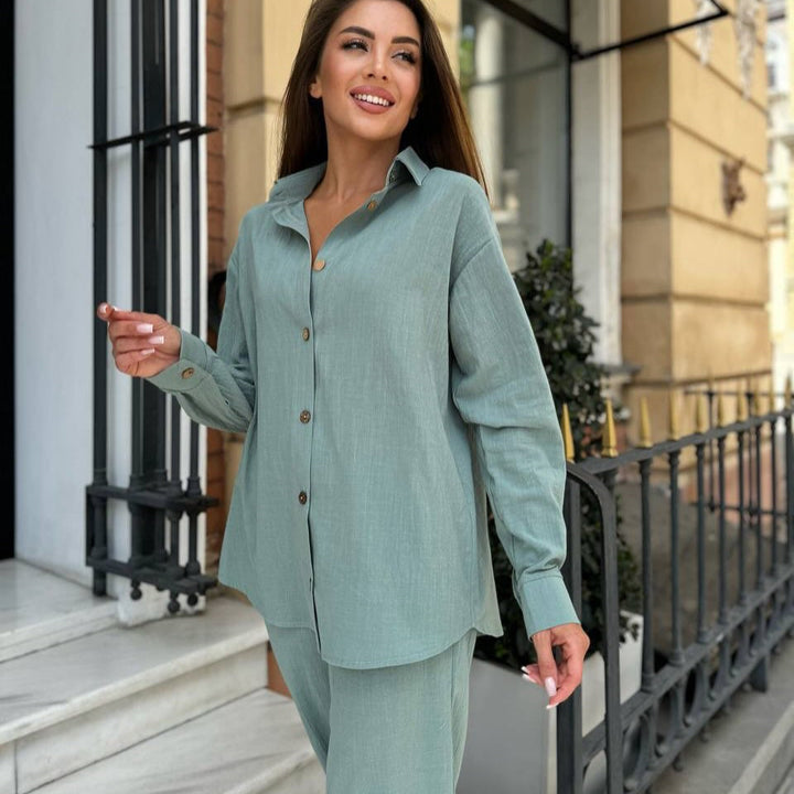 Damen Leichter Leinen-Zweiteiler mit oversized Hemd und High‑Waist Palazzohose Drune